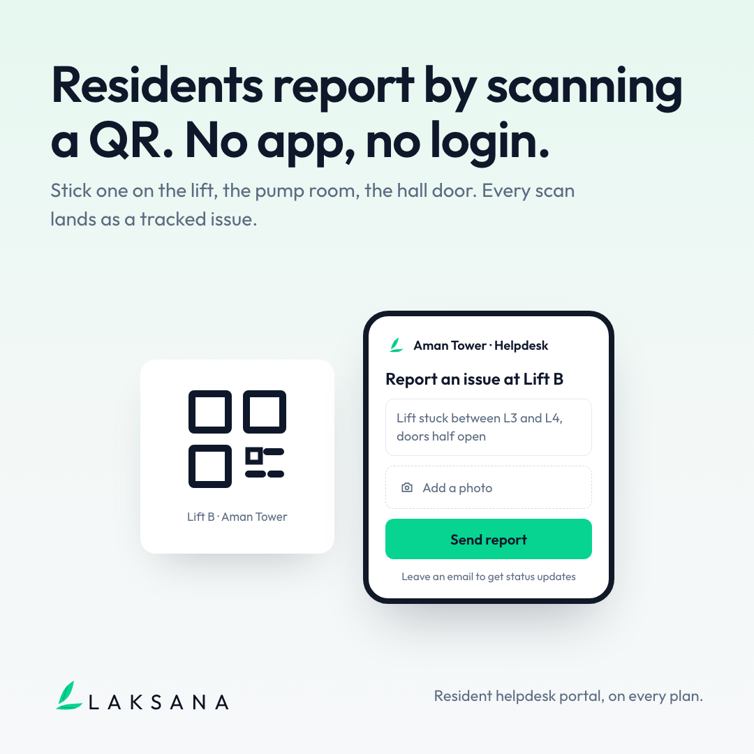 A resident reporting a lift fault by scanning a QR code