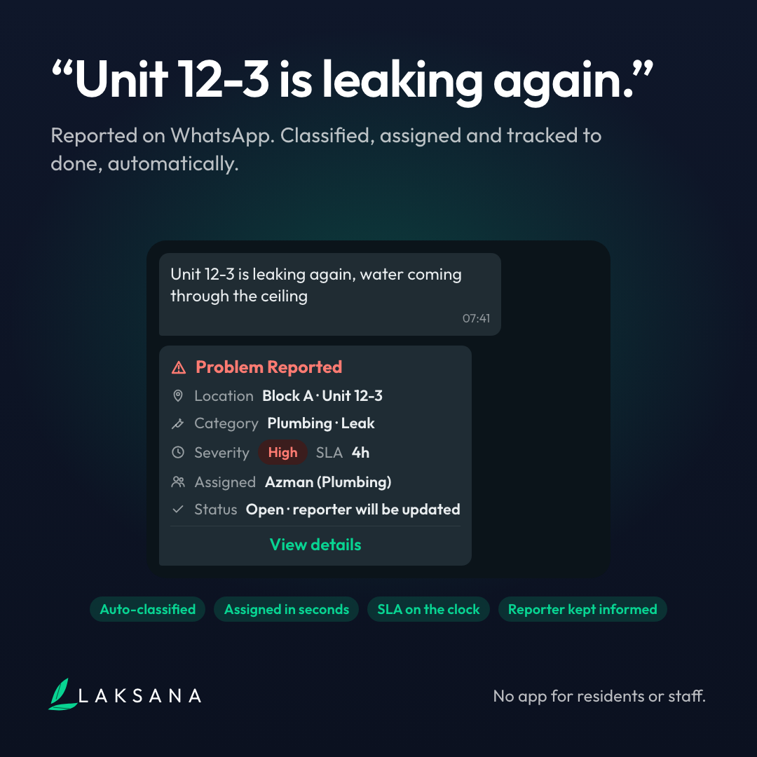 A resident leak report on WhatsApp, classified and assigned with an SLA