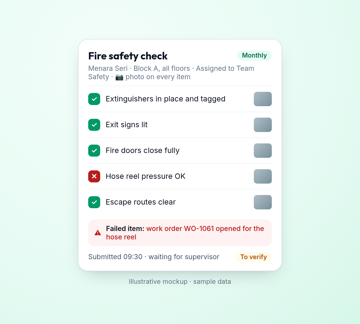 PM checklist with a failed item opening a work order