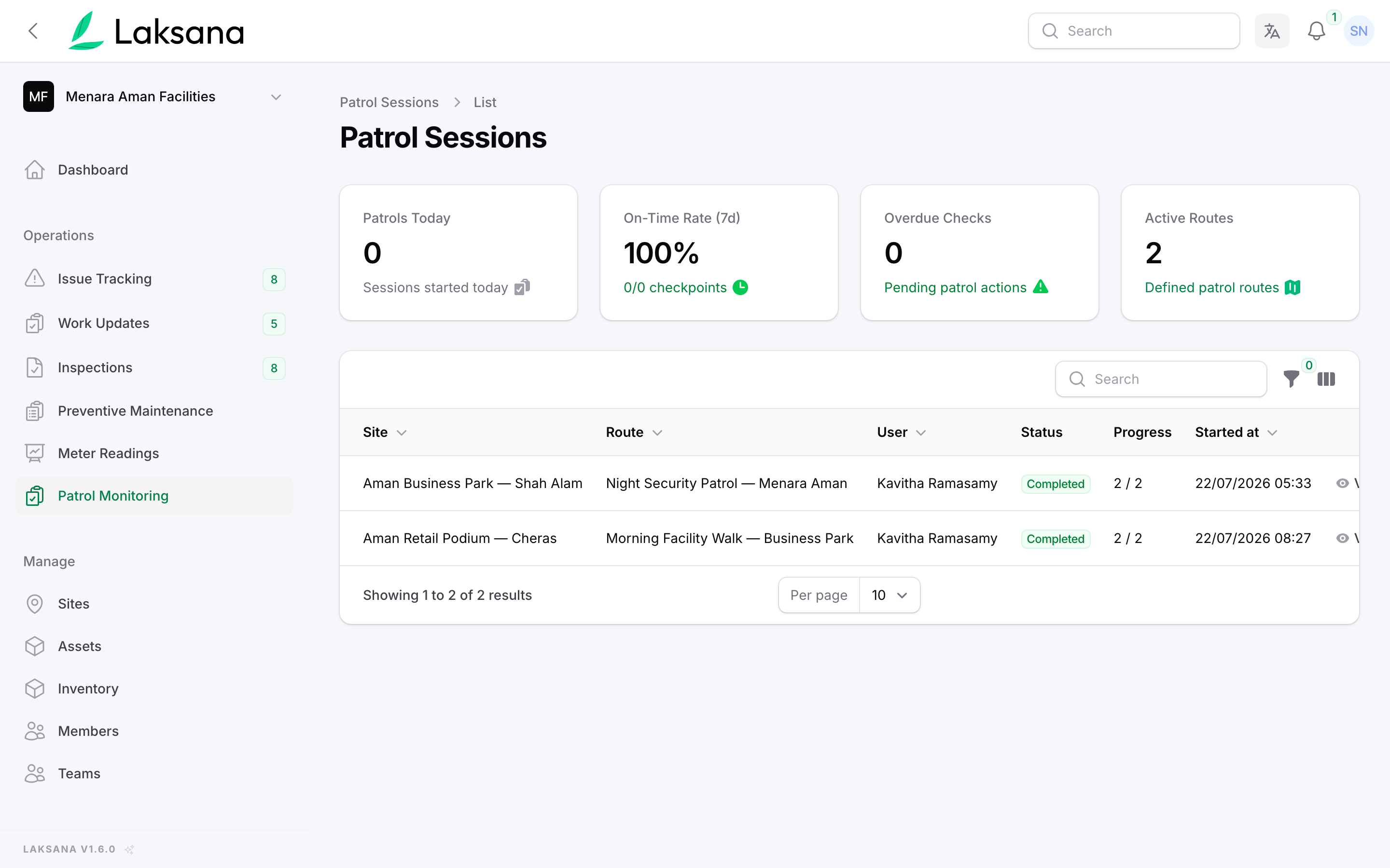 Session on the dashboard
