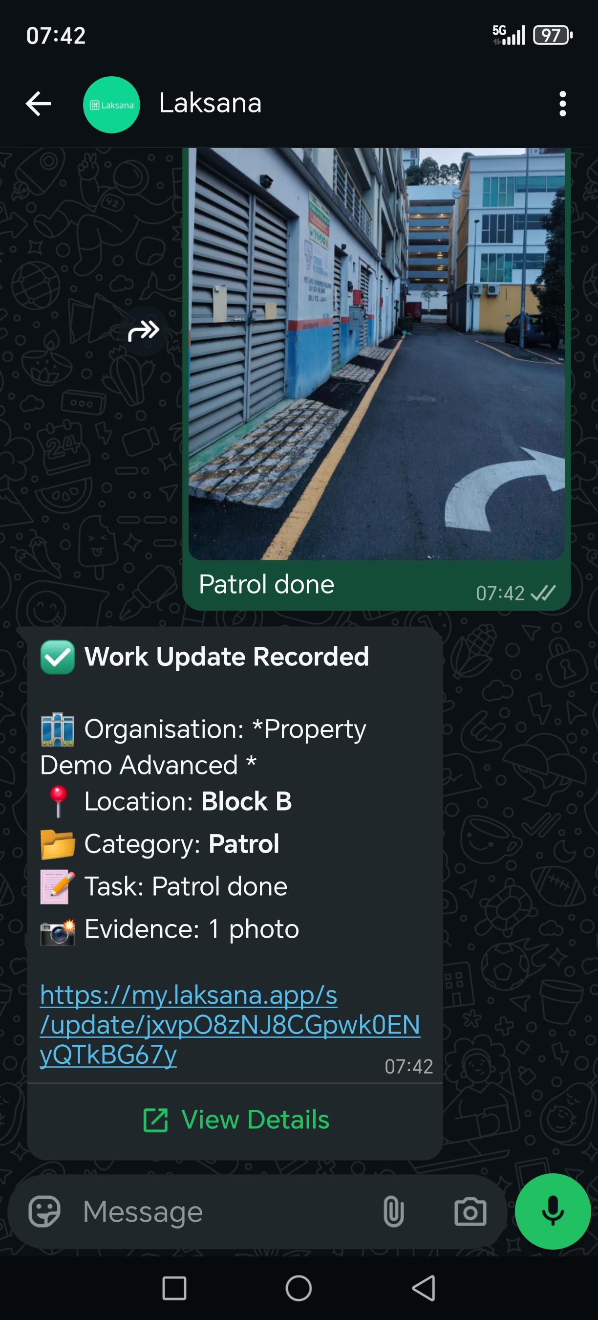 A WhatsApp thread in which a field photo captioned 'Patrol done' is answered by Laksana with a Work Update Recorded card listing the site, location, category, task and evidence count.