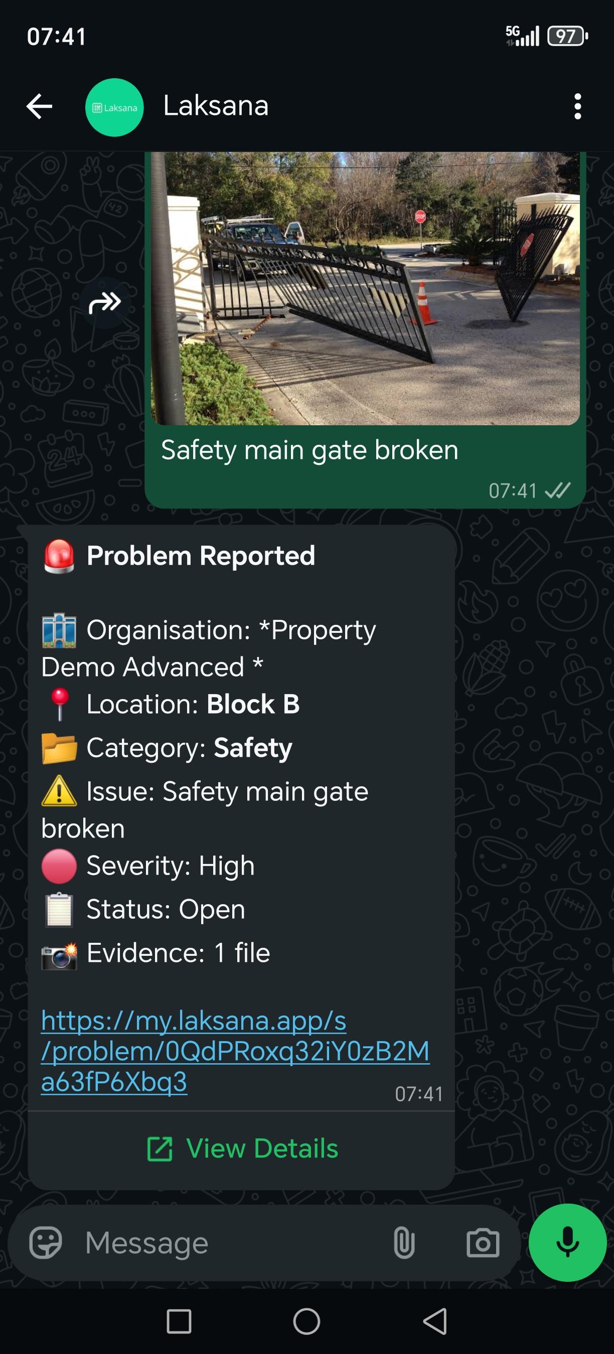 A WhatsApp thread in which a photo of a broken main gate is answered by Laksana with a Problem Reported card listing the location, category, severity, status and a link to the full record.
