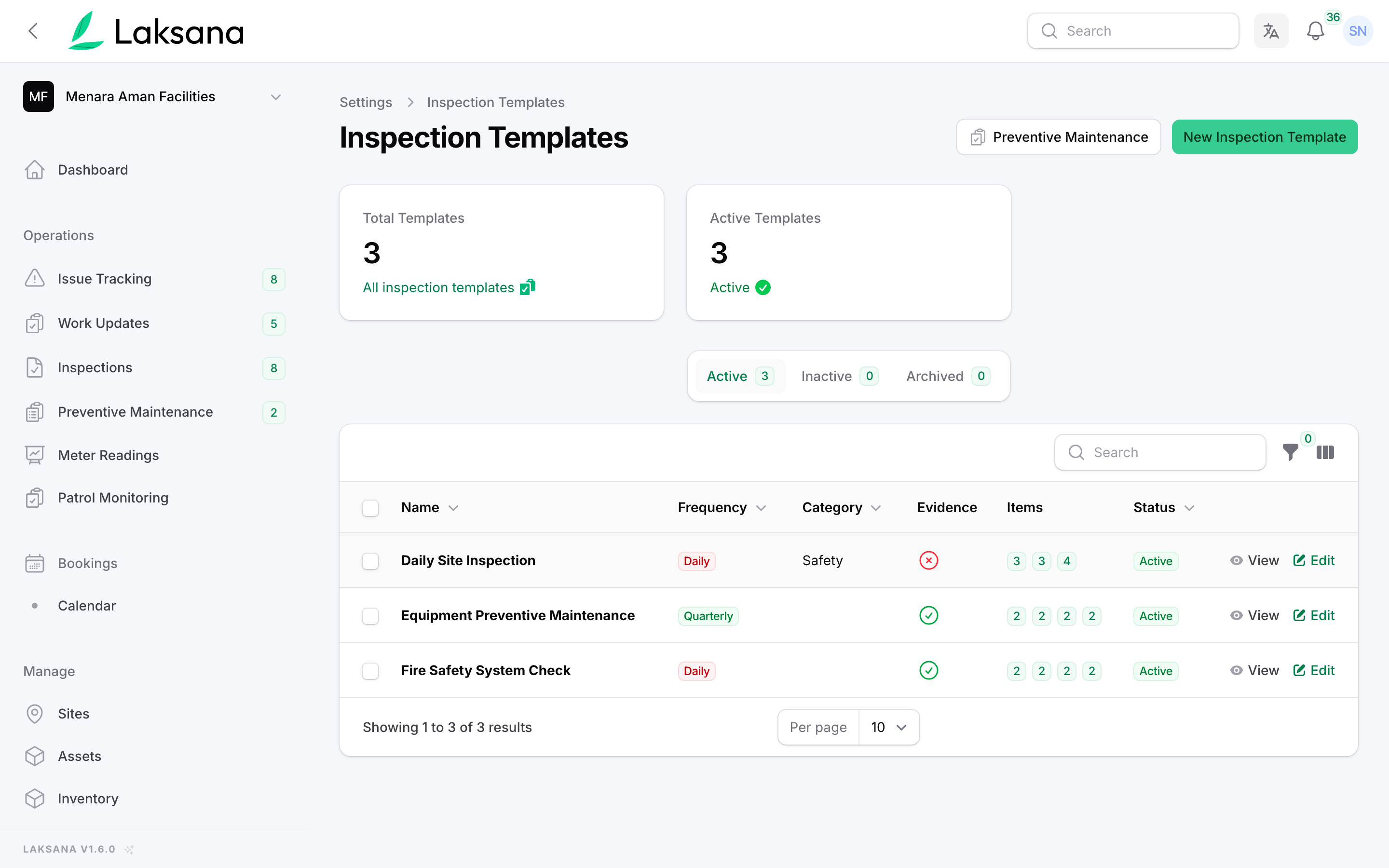 The inspection templates screen in the Laksana console, listing daily and quarterly checklists with their category, whether photo evidence is required, item counts and status.