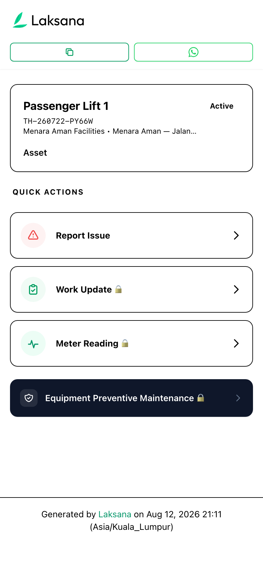 The page a scanned asset QR code opens, headed 'Passenger Lift 1', offering quick actions to report an issue, log a work update, record a meter reading or open the preventive maintenance checklist.