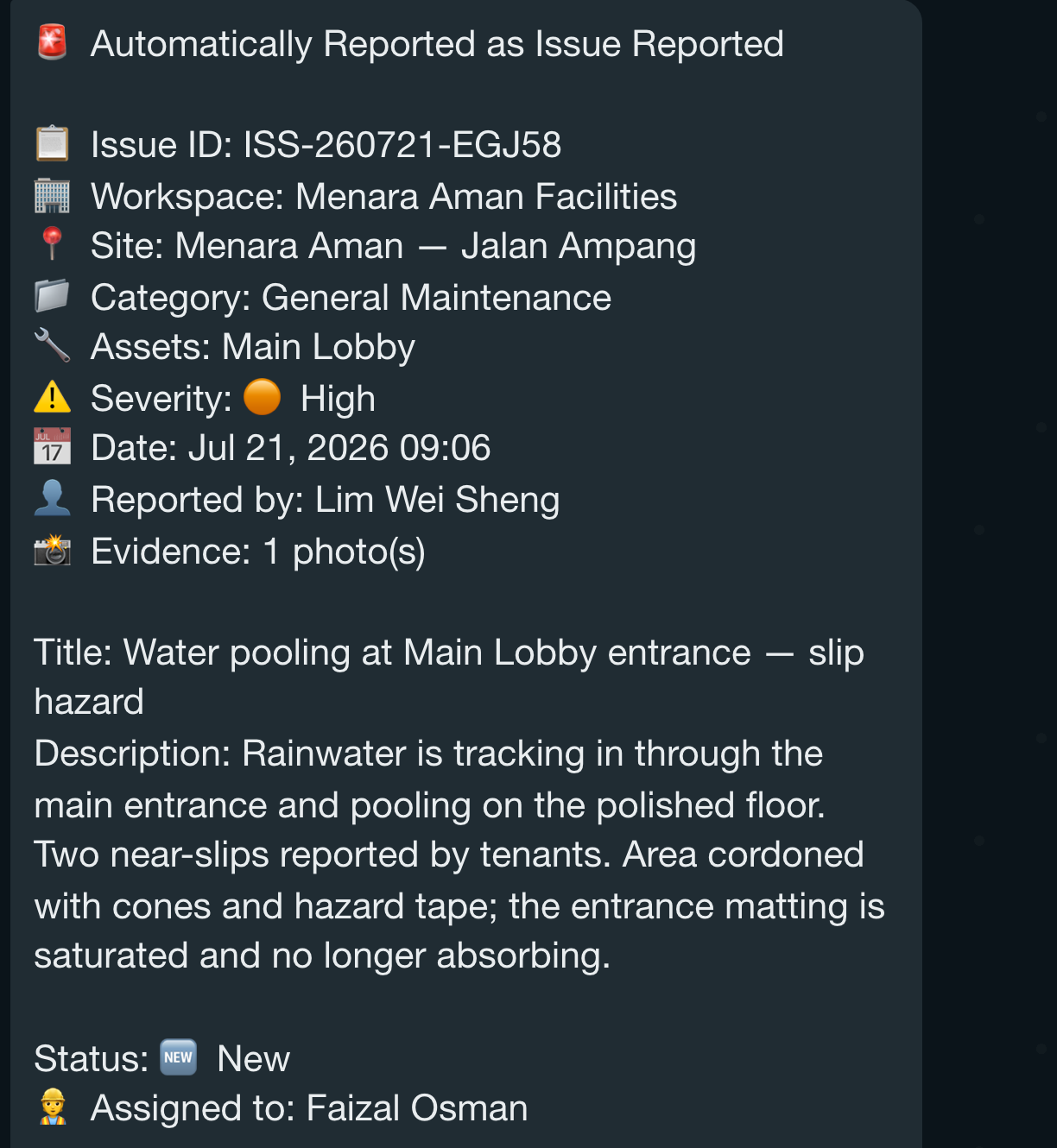 The structured card Laksana posts back into WhatsApp after reading a reported message: issue ID, workspace, site, category, asset, High severity, reporter and evidence count, followed by an automatically written title and description and the person it was assigned to.